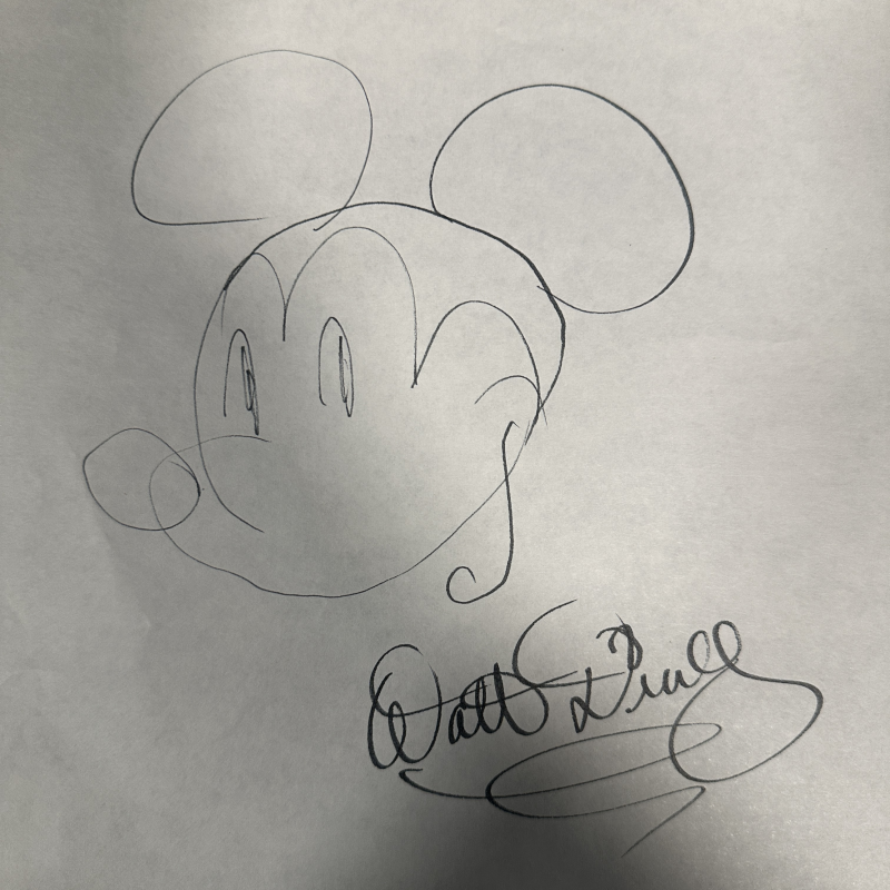 Walt Disney Autographed Drawn Mickey Sketch